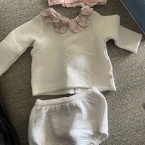 Jacadi White Quilted Set with Pink Floral-Trim Collar